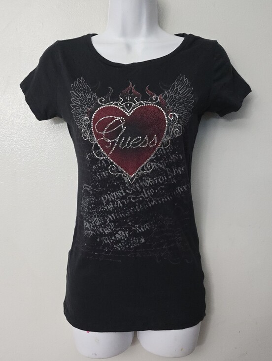Guess Tops - Y2K Guess Women’s T-Shirt Size S Rhinestone Heart Wings Grunge Flames Punk Rock